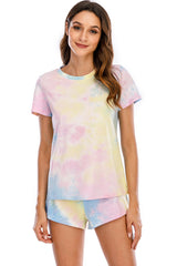 Tie-Dye Round Neck Short Sleeve Top and Shorts Lounge Set Trendsi