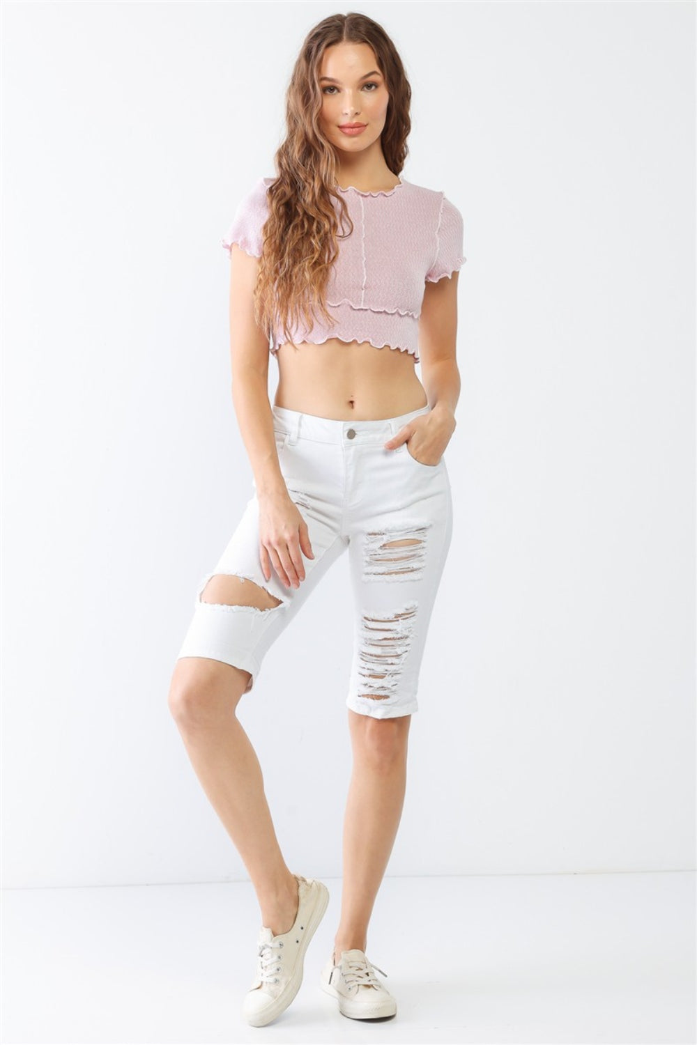 LITZ LA Distressed Bermuda Denim Shorts Trendsi