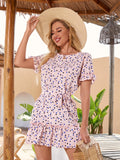 Tied Frill Short Sleeve Mini Dress - Flyclothing LLC