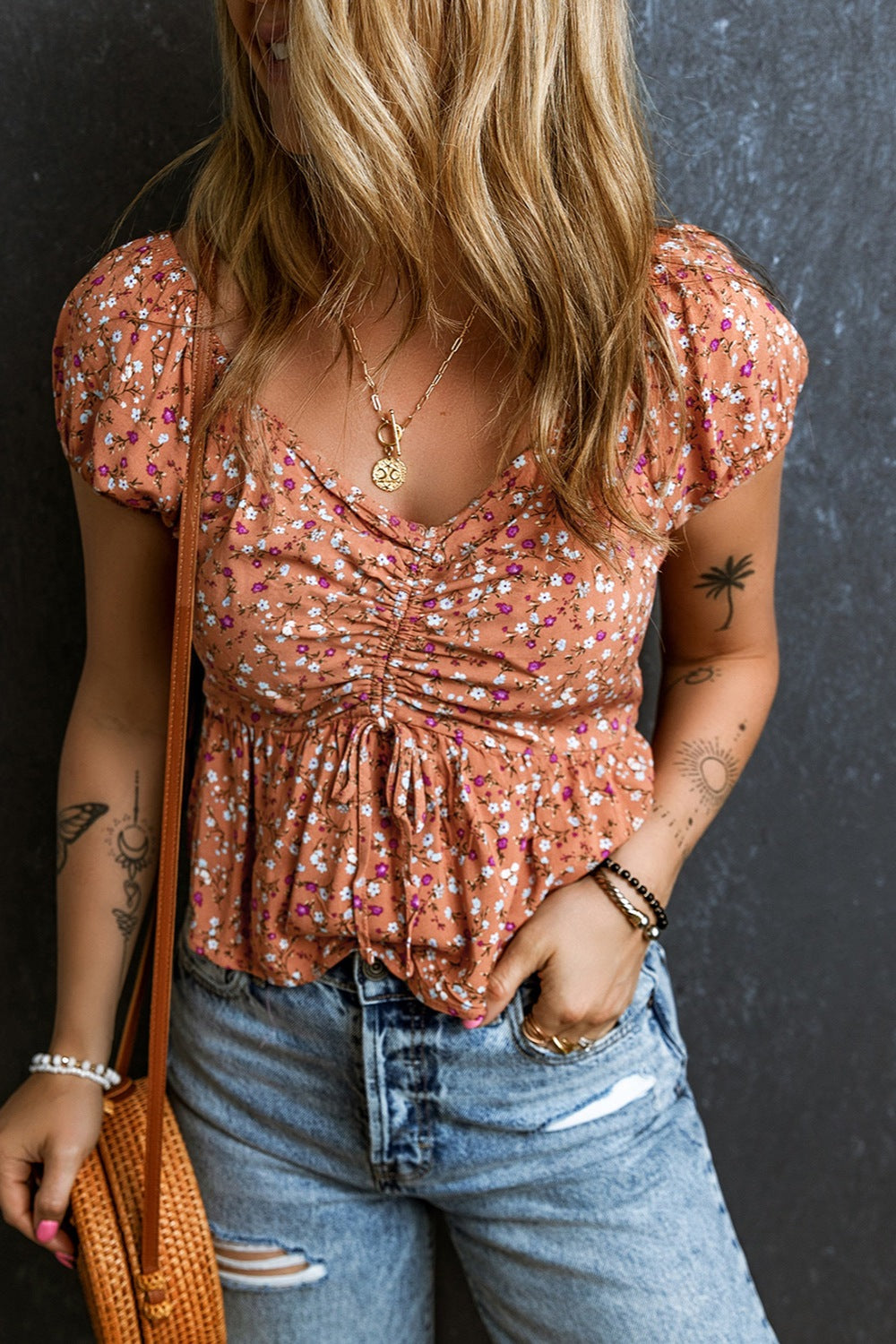 Drawstring Floral V-Neck Short Sleeve Blouse - Flyclothing LLC