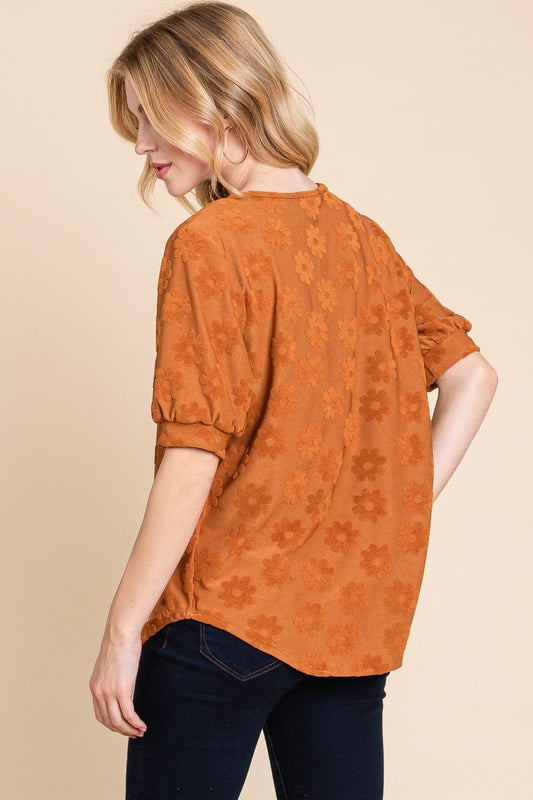 BOMBOM Textured Floral Pattern Top - Trendsi