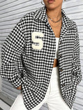 Houndstooth Button Down Long Sleeve Shacket - Trendsi