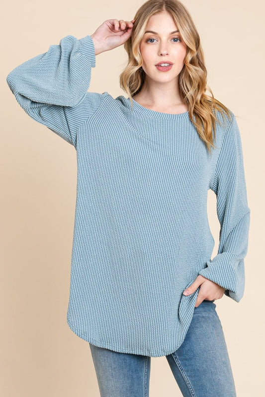 BOMBOM Long Sleeve Curved Hem Ribbed T-Shirt - Trendsi