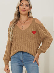 Cable-Knit Heart V-Neck Sweater - Trendsi