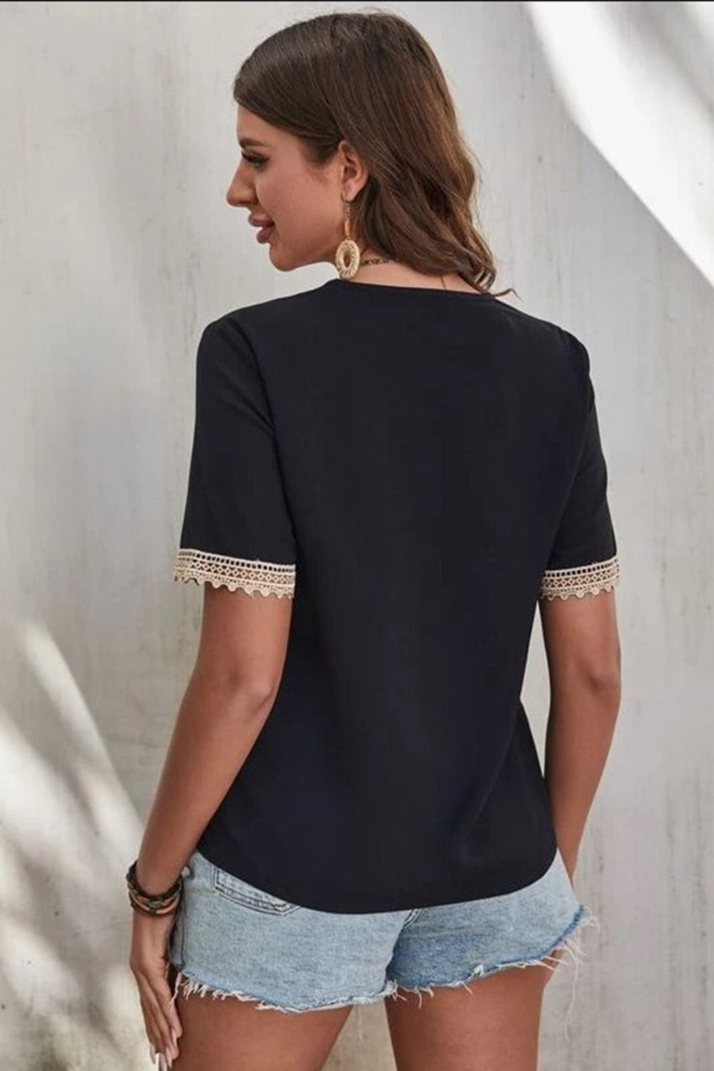 Full Size Lace Detail V-Neck Short Sleeve Blouse Trendsi