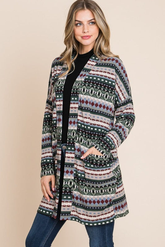 BOMBOM Geometric Open Front Long Sleeve Cardigan with Pockets - Trendsi