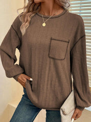 Mandy Contrast Stitching Round Neck Long Sleeve T-Shirt - Trendsi