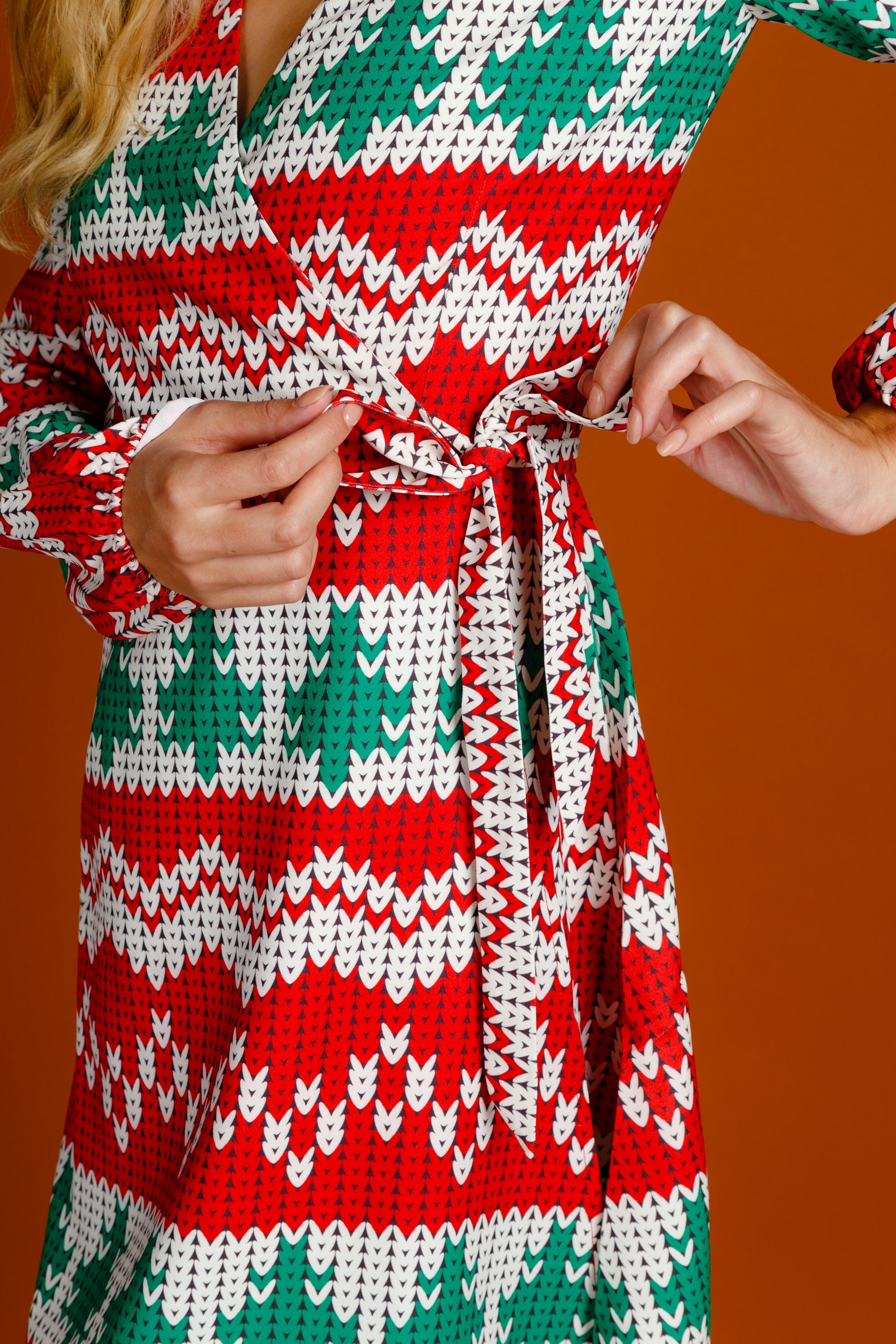 The Red Ryder | Knit Print Christmas Wrap Dress