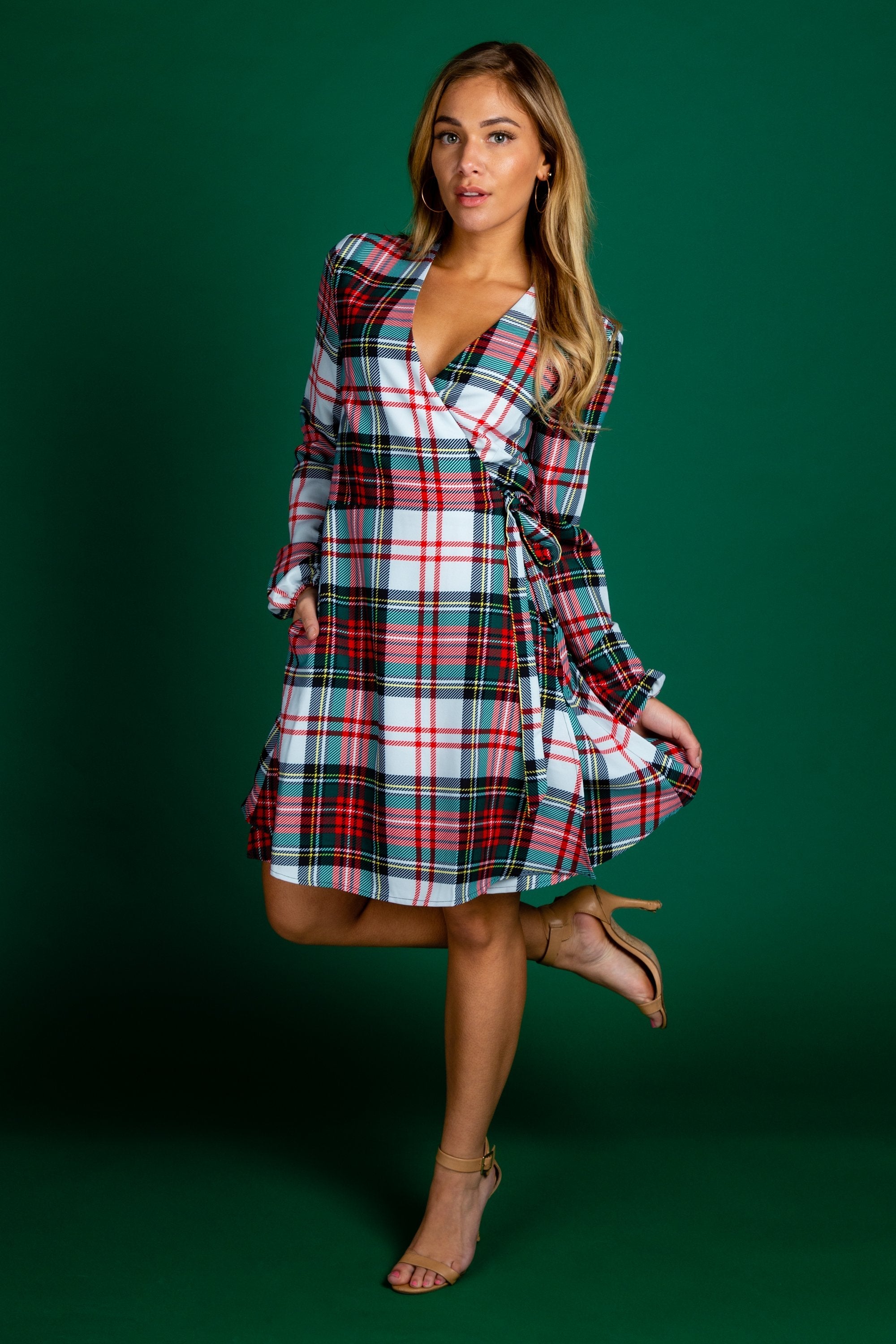 The Scotch on the Rocks | White & Red Plaid Christmas Wrap Dress