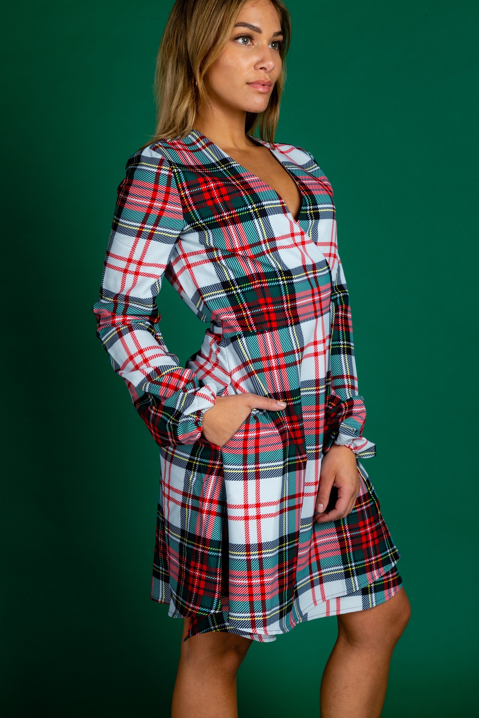 The Scotch on the Rocks | White & Red Plaid Christmas Wrap Dress