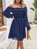 Smocked Polka Dot Long Sleeve Dress - Flyclothing LLC