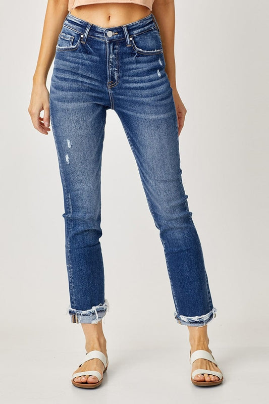 Risen Full Size High-Rise Frayed Cuffed Straight Jeans - Trendsi