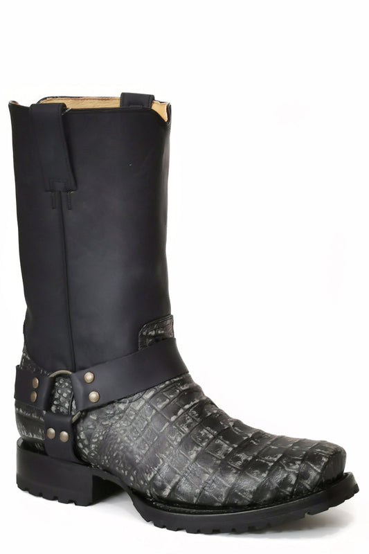 Roper Mens Vintage Black Embossed Caiman Vamp Biker Toe With Harness