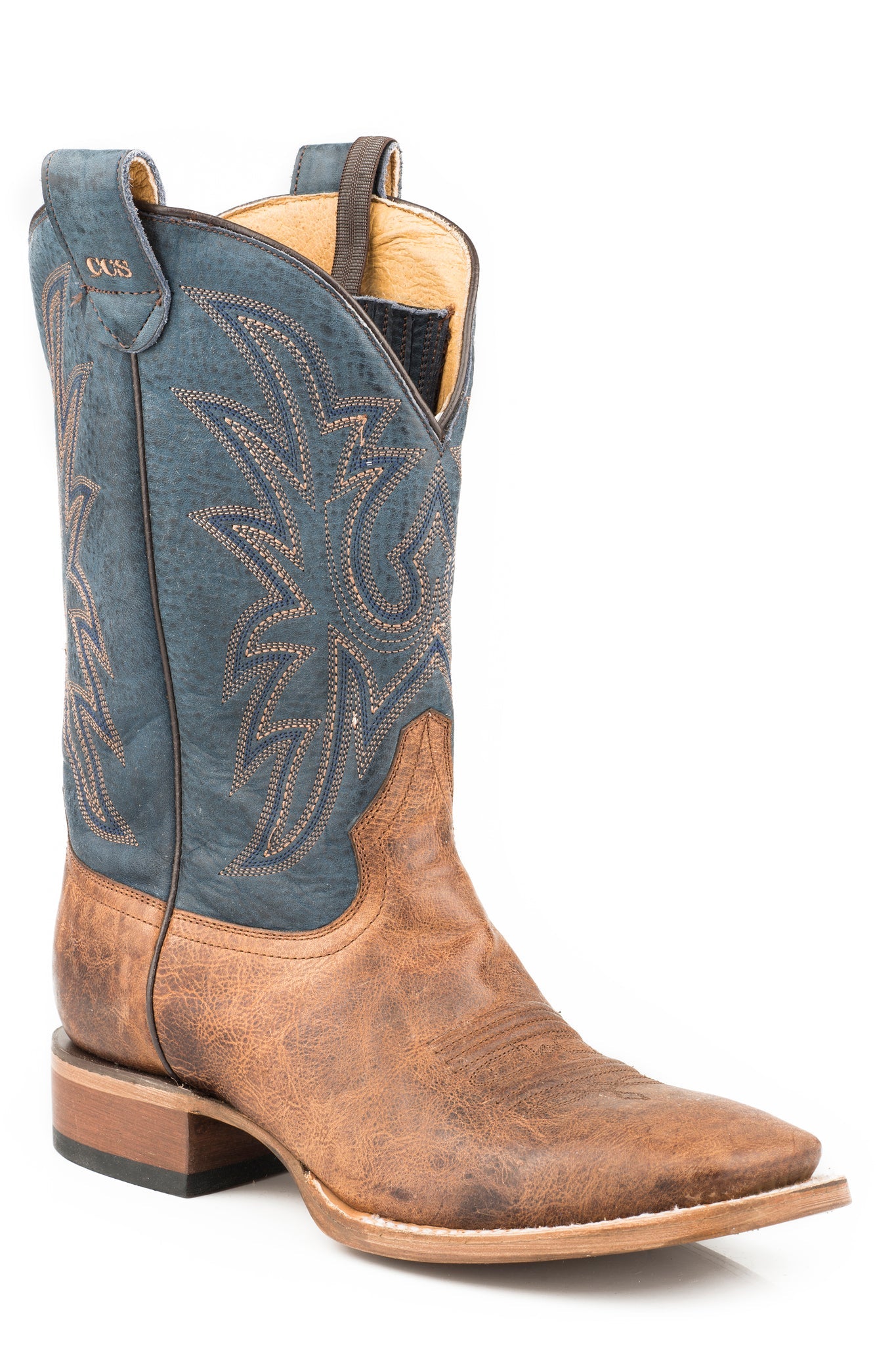 Roper Mens Leather Concealed Carry Boot Burnished Tan Vamp With Blue Embroidered Upper - Flyclothing LLC