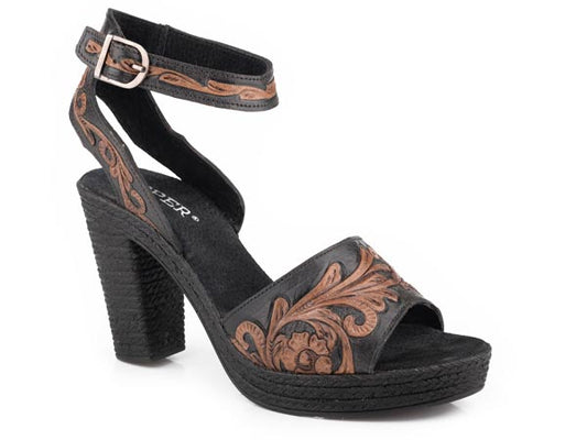 Roper Womens Black And Brown Tooled Sandal