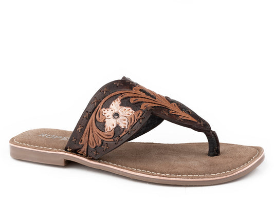 Roper Womens Brown Floral Painted Tooled Sandal