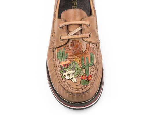 Roper Womens Lace Up Moccasin Brown Burnished Leather With Painted Handtooled Vamp Desert Scene - Flyclothing LLC