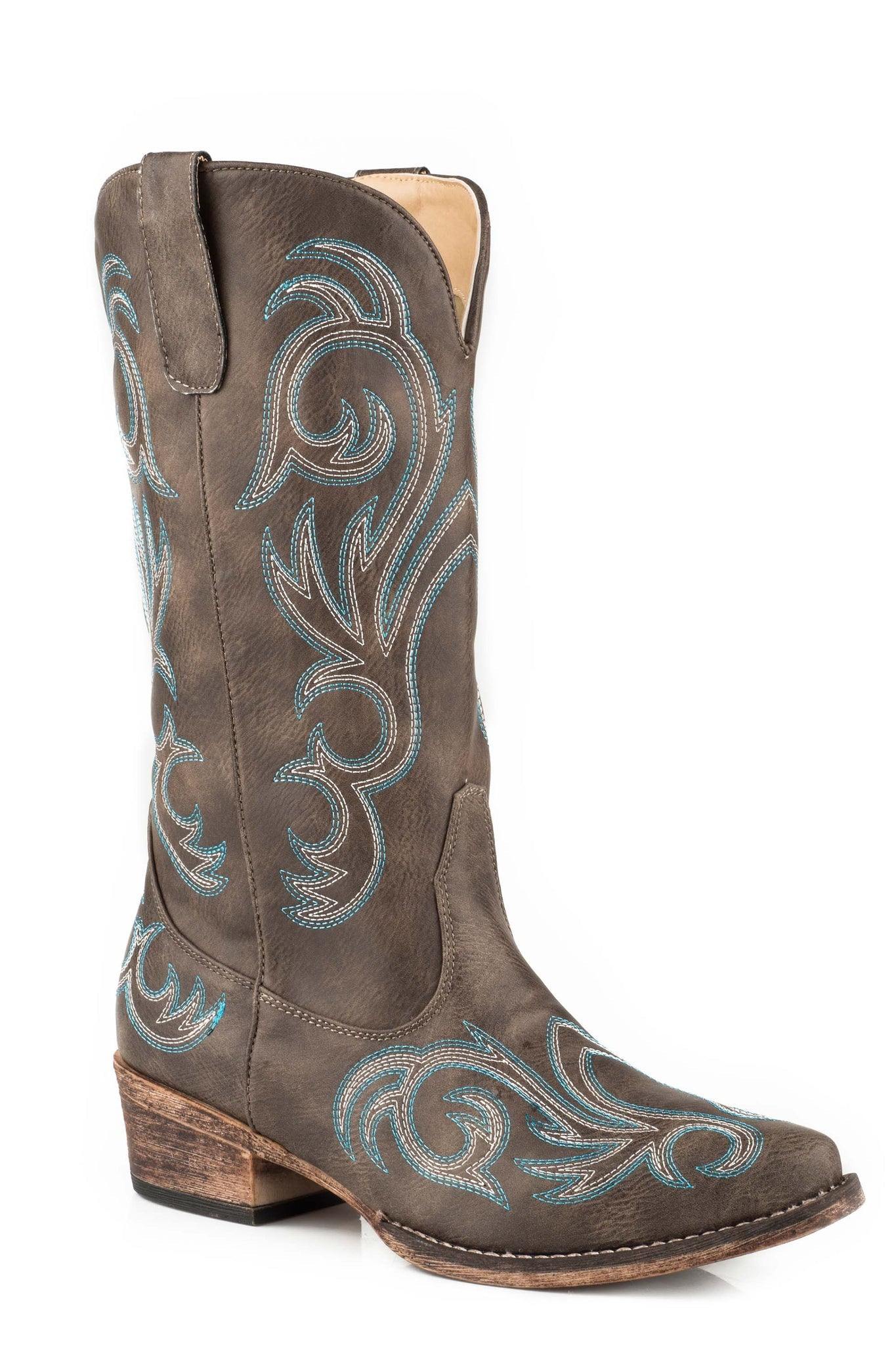 Roper Womens Fashion Cowboy Boot Vintage Brown Faux Leather With Western Embroidery - Flyclothing LLC