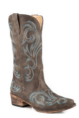 Roper Womens Fashion Cowboy Boot Vintage Brown Faux Leather With Western Embroidery - Flyclothing LLC