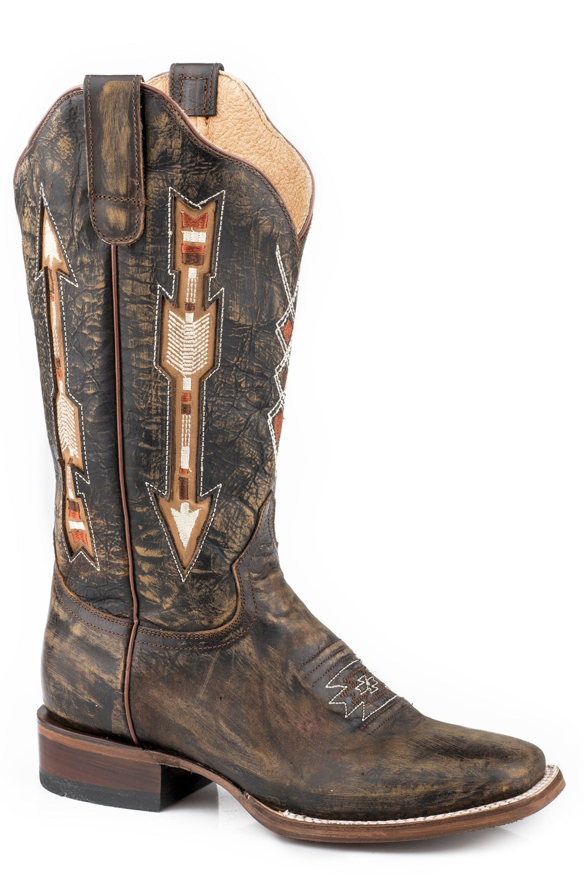 Roper Womens Vintage Brown Leather Vamp  Shaft Flextra Boot With Inlayed Arrow Design On Shaft - Roper