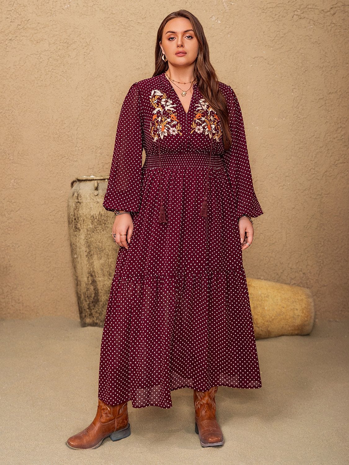 Plus Size Embroidered Polka Dot Tie Neck Long Sleeve Midi Dress - Trendsi