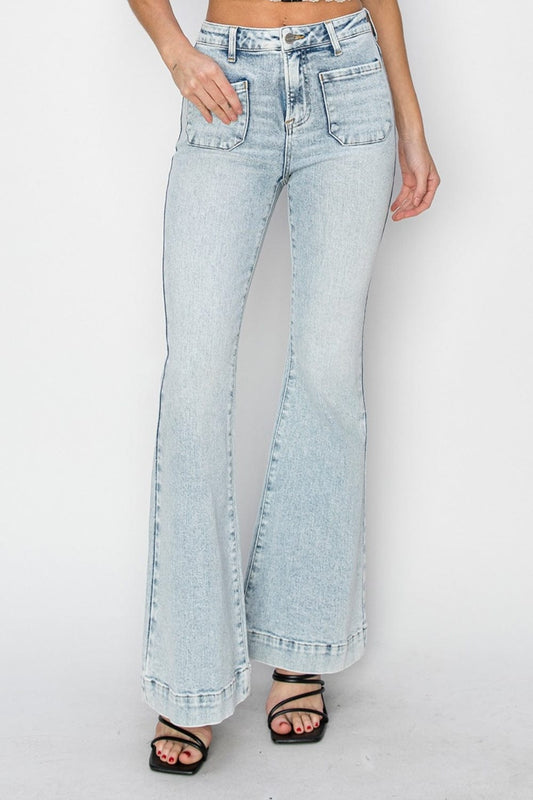 Risen Full Size High Rise Front Patch Pocket Flare Jeans - Trendsi