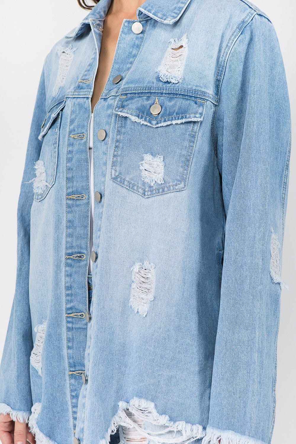 American Bazi Distressed Frayed Hem Denim Jacket - Trendsi