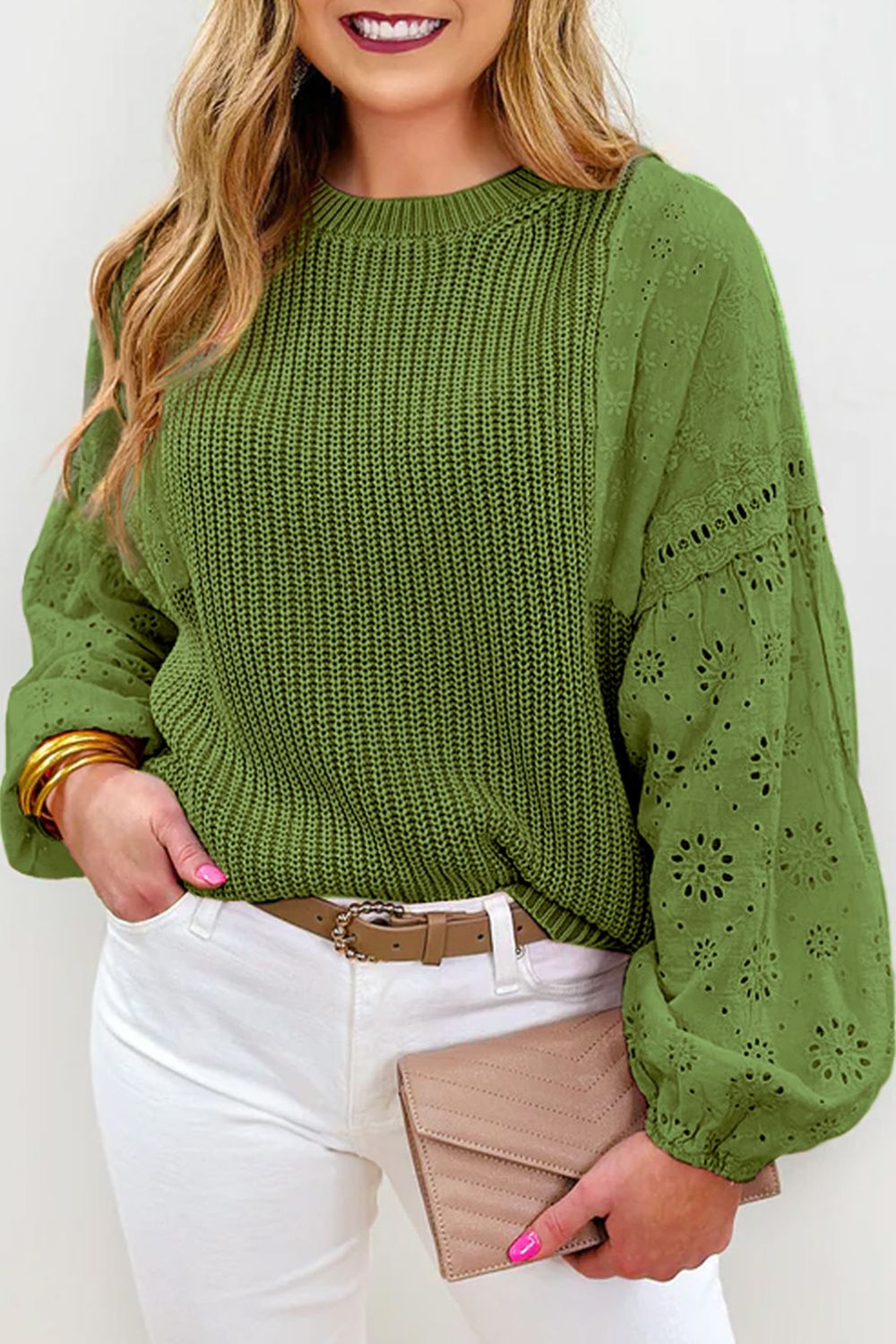 Eyelet Round Neck Drop Shoulder Sweater