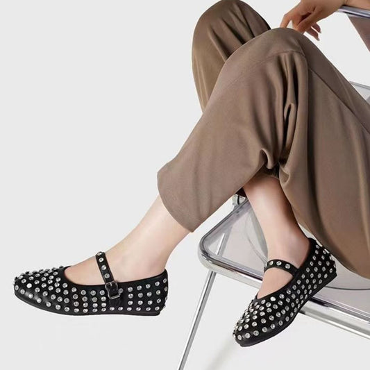 PU Leather Studded Flat Loafers - Trendsi