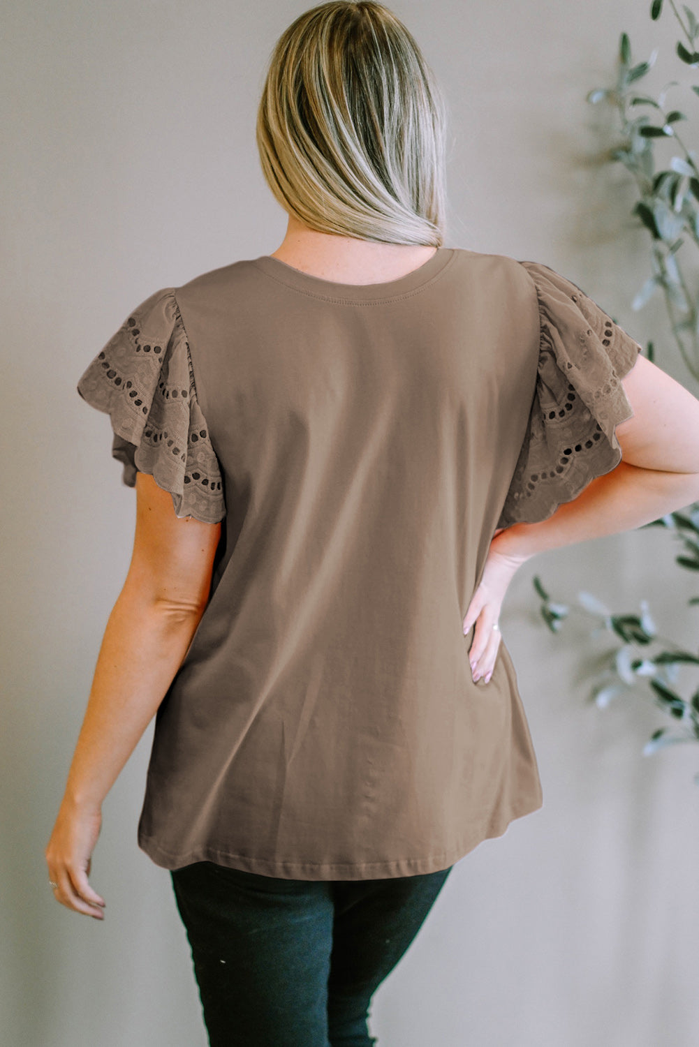 Plus Size Eyelet Round Neck Short Sleeve Blouse - Flyclothing LLC