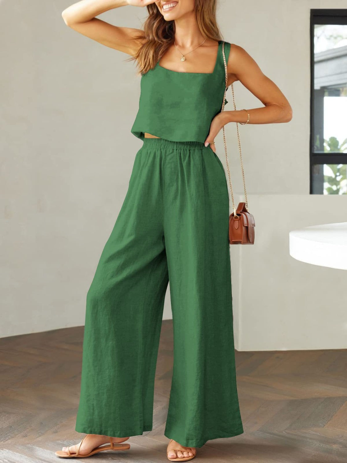 Square Neck Top and Wide Leg Pants Set - Flyclothing LLC