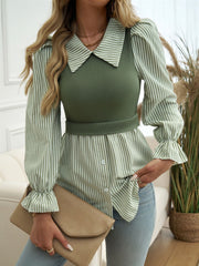 Devine Faux Layered Striped Collared Neck Long Sleeve Shirt