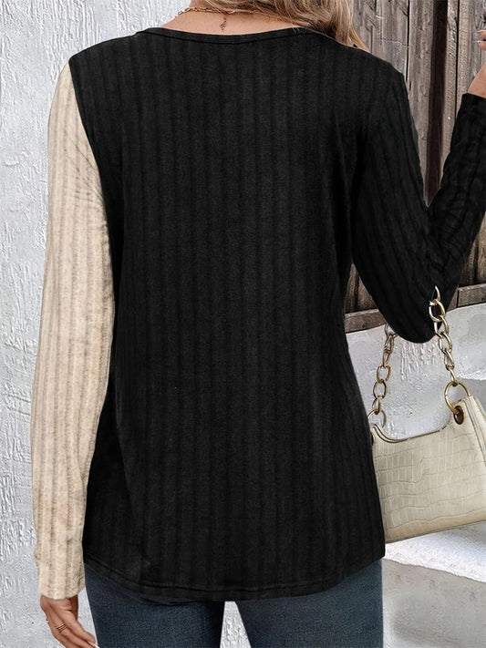 Decorative Button Contrast Round Neck Long Sleeve T-Shirt - Trendsi