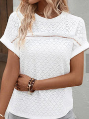 Eyelet Round Neck Short Sleeve Blouse - Flyclothing LLC