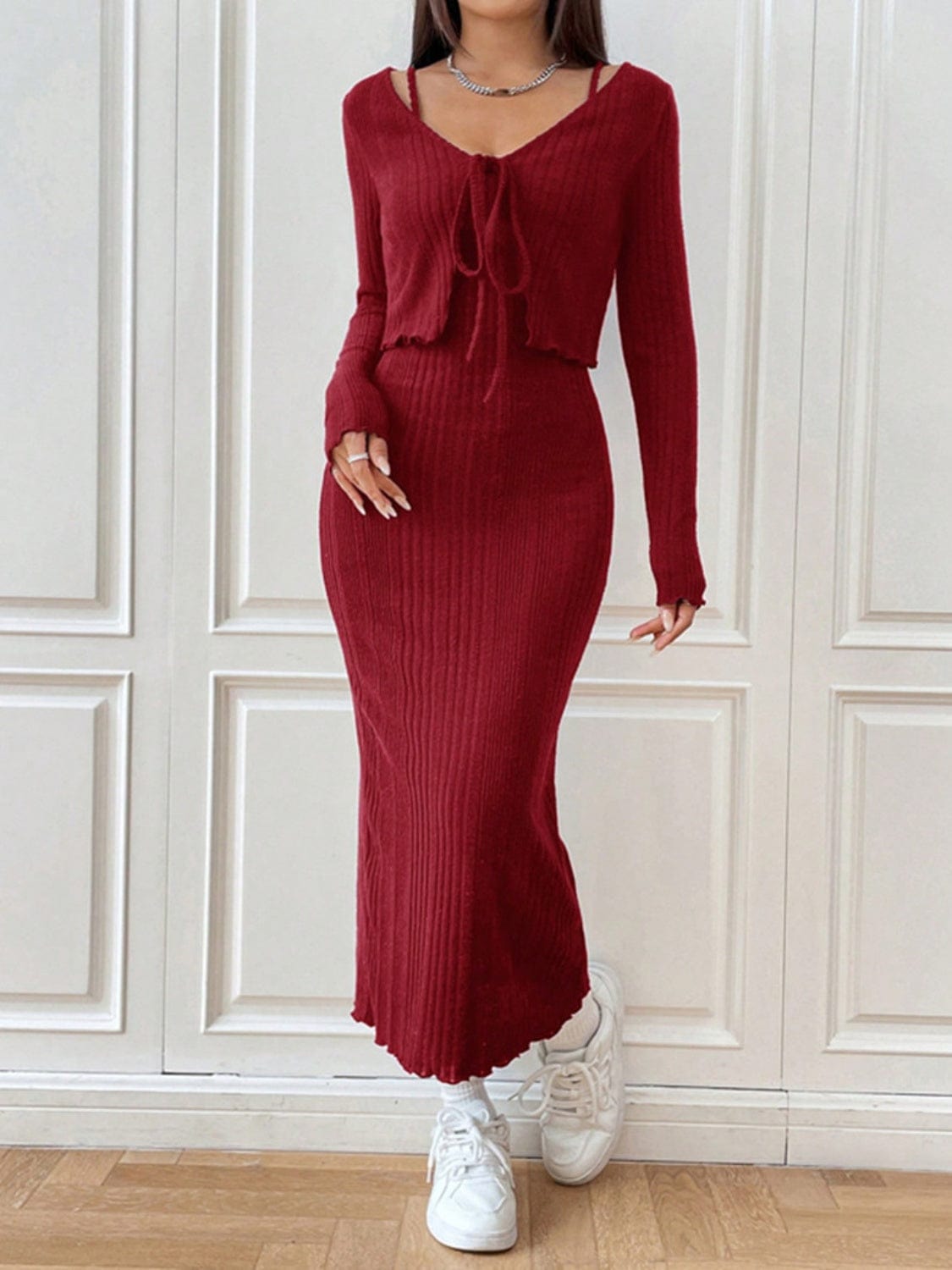 Cami Dress and Tied Long Sleeve Cardigan Set - Trendsi