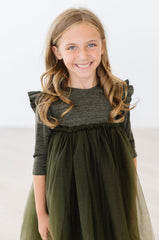 Olive Shimmer 3/4 Sleeve Tutu Dress