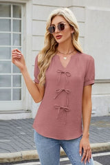 Bow Notched Short Sleeve Blouse - Trendsi