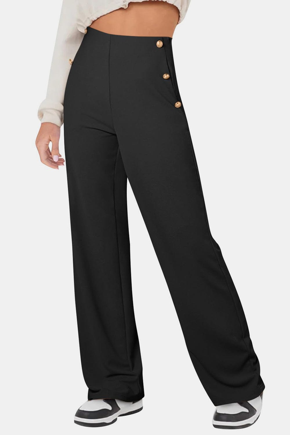 Decorative Button High Rise Pants - Trendsi