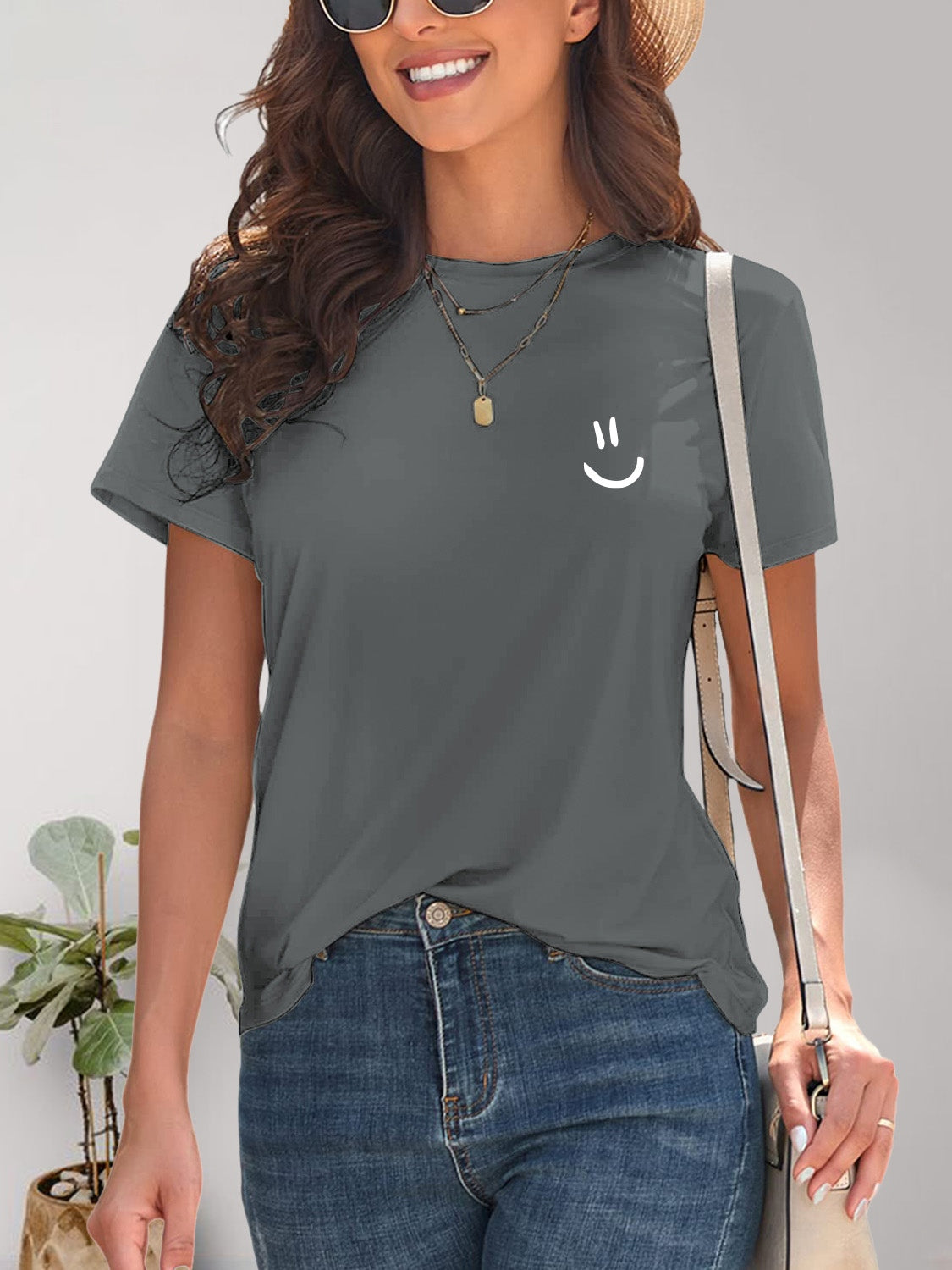 Smile Graphic Round Neck Short Sleeve T-Shirt Trendsi