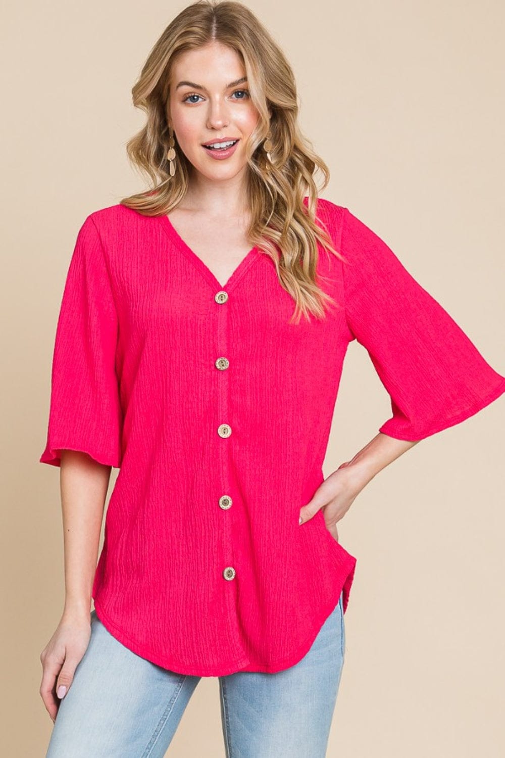 BOMBOM Texture Decorative Button V-Neck Top - Trendsi