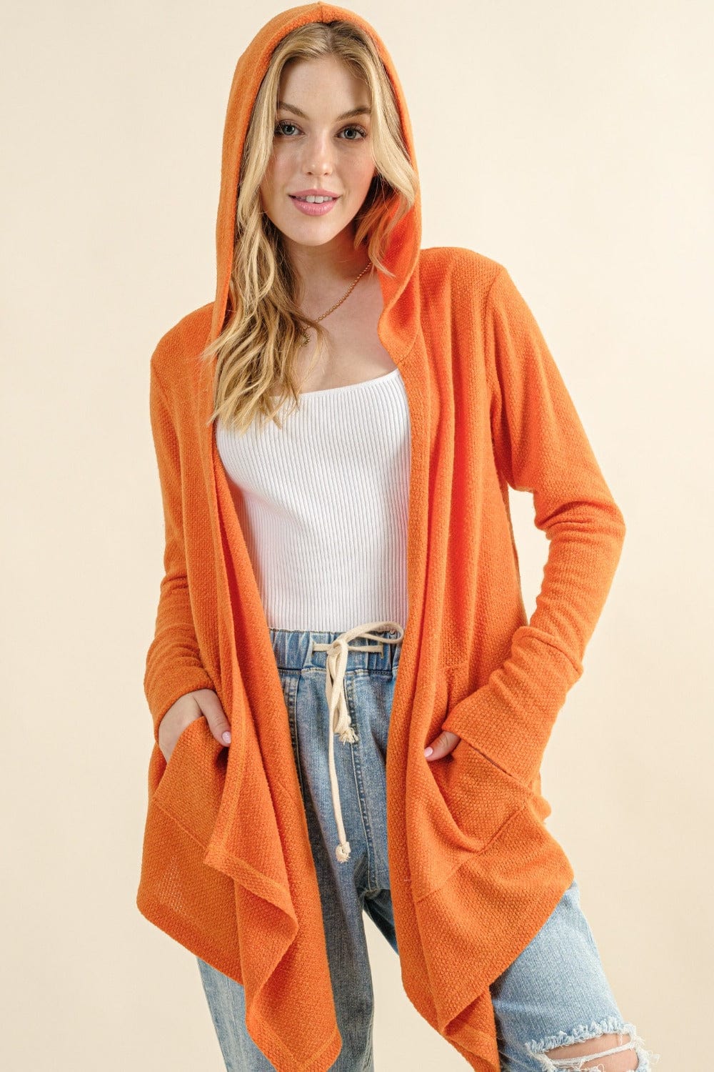 And The Why Full Size Thermal Hooded Open Front Cardigan with Pockets - Trendsi