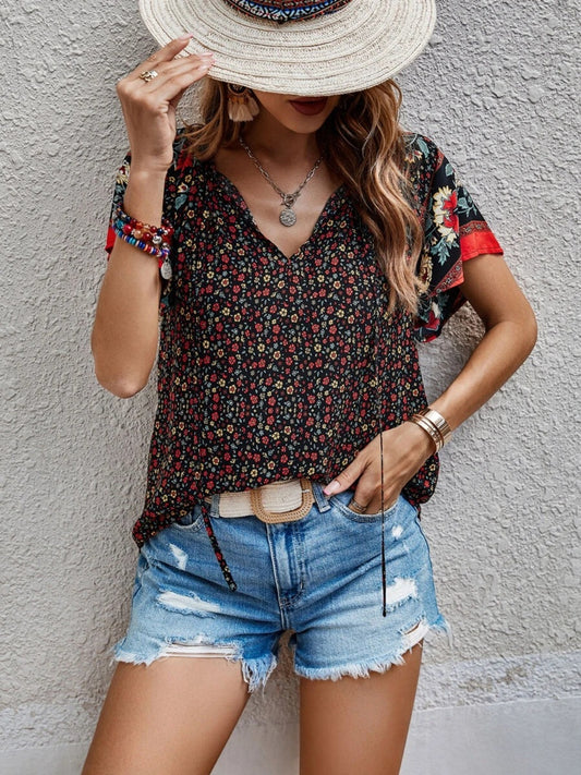 Printed Tie Neck Short Sleeve Blouse Trendsi