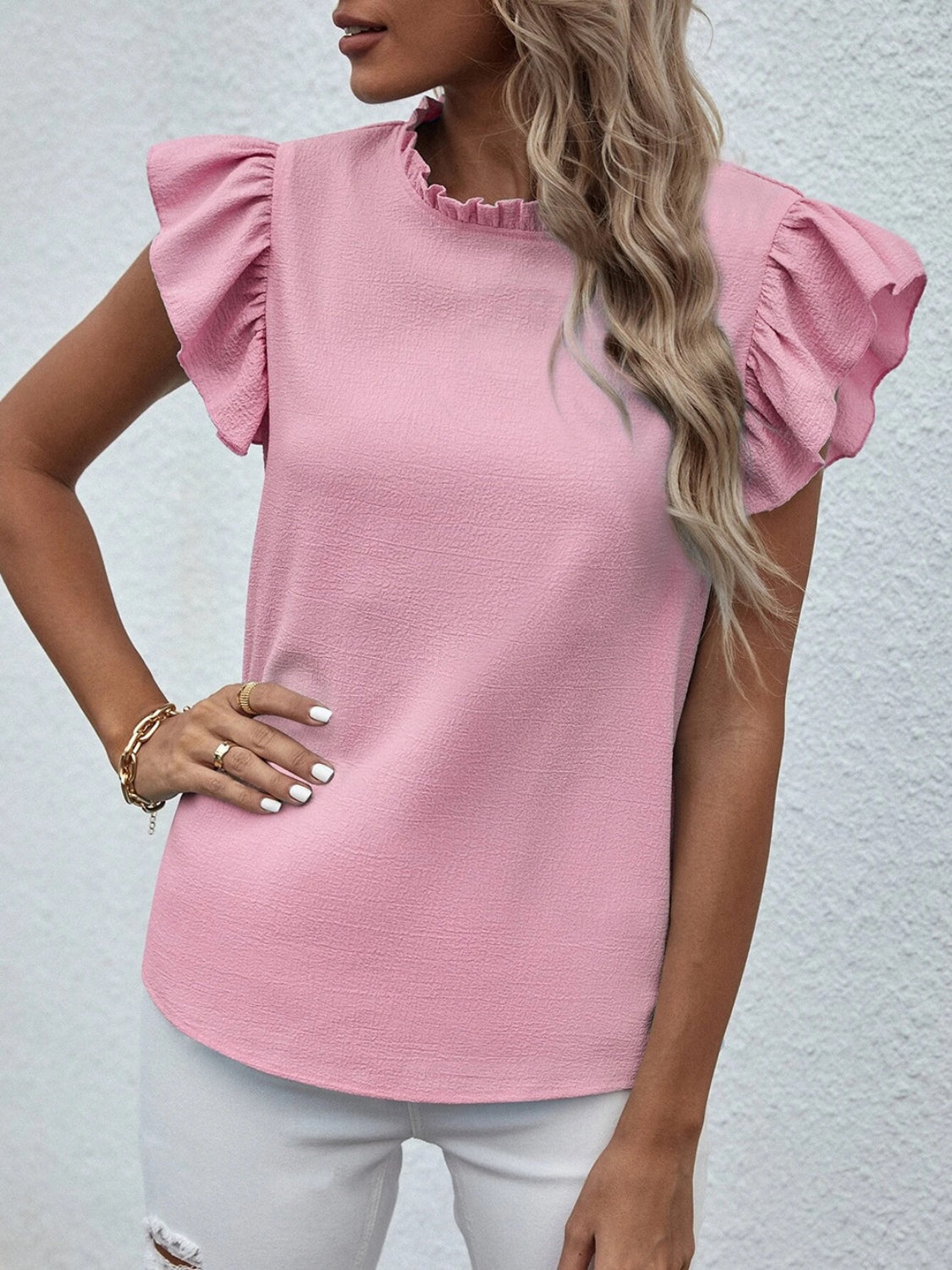 Mock Neck Ruffled Cap Sleeve Blouse - Flyclothing LLC