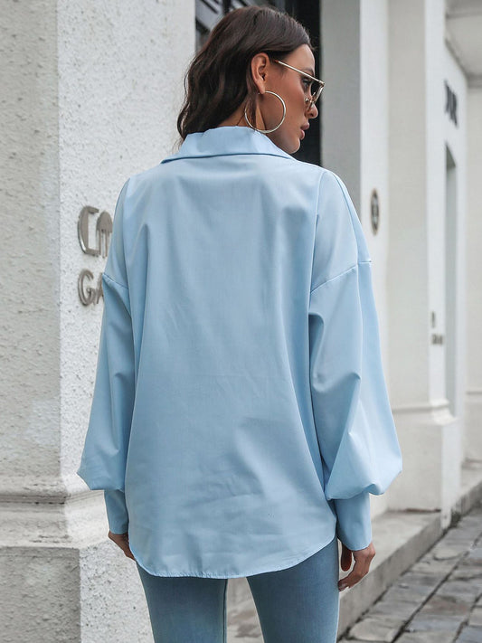 Button Up Dropped Shoulder Lantern Sleeve Shirt Trendsi