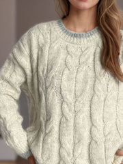 Cable Knit Round Neck Long Sleeve Sweater - Trendsi