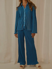 Collared Neck Long Sleeve Top and Pants Lounge Set - Trendsi