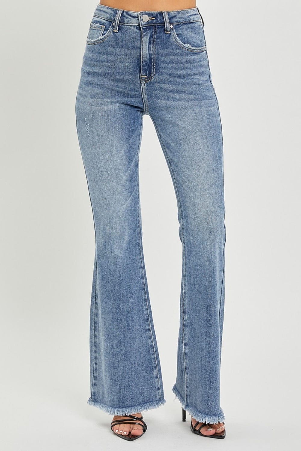 RISEN Full Size High Waist Raw Hem Flare Jeans - Trendsi