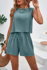 Round Neck Top and Drawstring Shorts Set