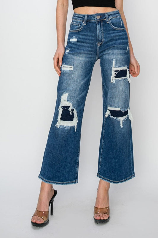 Risen Full Size High Rise Patch Detailed Wide Leg Crop Jeans - Trendsi