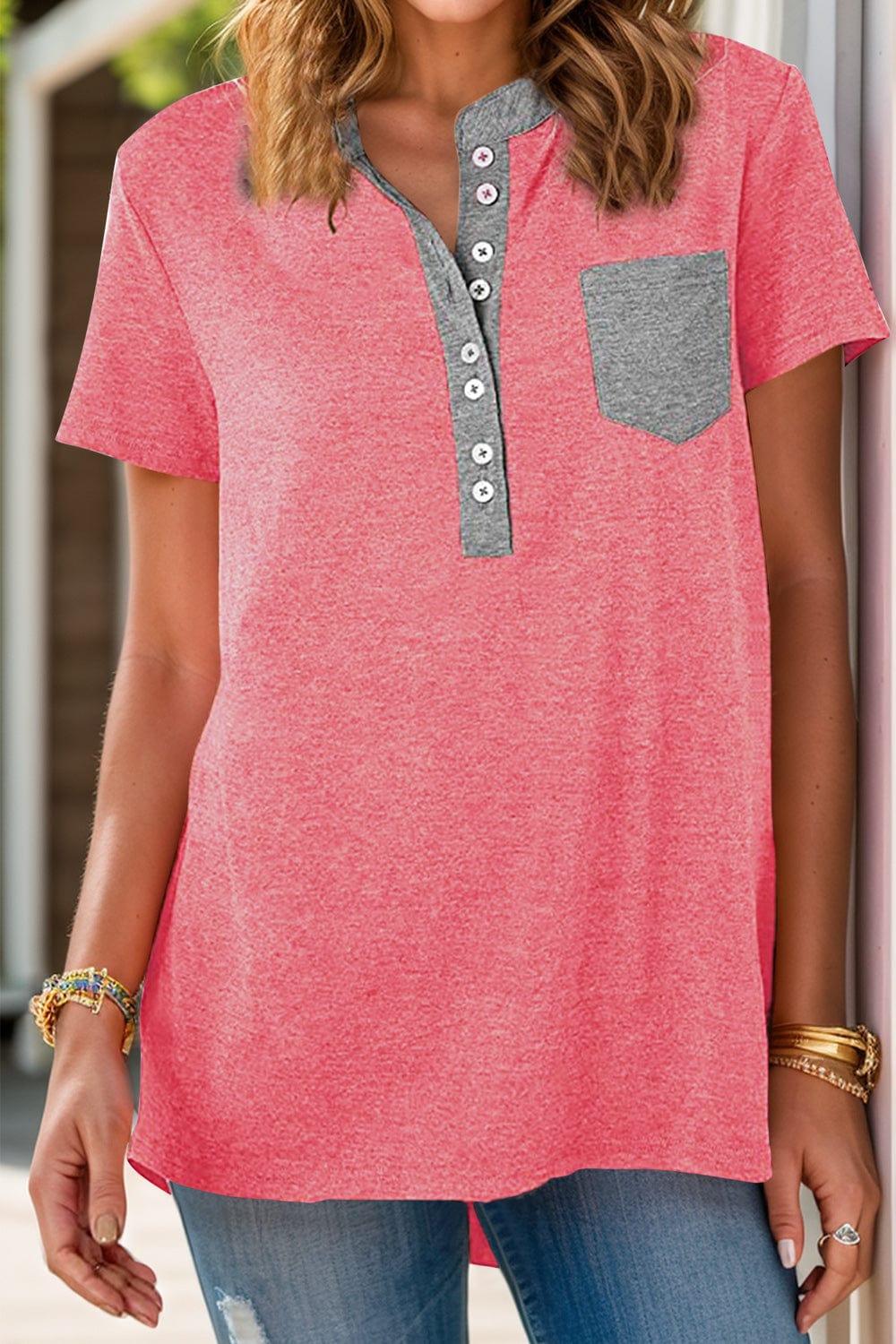 Full Size Half Button Short Sleeve T-Shirt - Trendsi